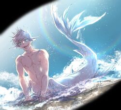 Rule 34 | 1boy, beach, blue background, blue eyes, chinese commentary, completely nude, dated, fangs, fingernails, fins, full body, gills, glasgow smile, gojou satoru, head fins, highres, jujutsu kaisen, looking at viewer, male focus, merman, monster boy, monsterification, nipples, nude, open mouth, outdoors, pov, sand, sashiyu, sharp fingernails, short hair, signature, solo, water, waves, white hair