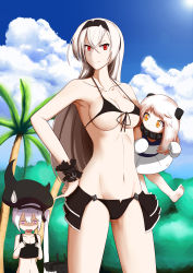 Rule 34 | 10s, 3girls, absurdres, abyssal ship, air defense princess, armpits, bad id, bad pixiv id, barefoot, beach, bikini, bikini top only, black bikini, breast envy, breasts, cloud, cloudy sky, colored skin, day, destroyer princess, fedsnk, flat chest, hairband, hat, highres, horns, kantai collection, large breasts, long hair, micro bikini, micro bikini top, miniskirt, mittens, multiple girls, northern ocean princess, open mouth, outdoors, palm tree, purple eyes, red eyes, showgirl skirt, side ponytail, skirt, sky, smile, sweatdrop, swimsuit, tree, underboob, white hair, white skin, yellow eyes