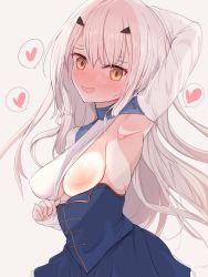 Rule 34 | 1girl, absurdres, armpits, blush, covered erect nipples, melusine (fate), melusine (second ascension) (fate), fate/grand order, fate (series), heart, highres, kawa mura, long hair, nipples, one breast out, simple background, white background, white hair, yellow eyes