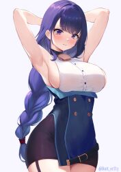 Rule 34 | 1girl, ako (blue archive), ako (blue archive) (cosplay), armpits, bell, blue archive, breasts, cosplay, crossover, genshin impact, highres, large breasts, long hair, looking at viewer, mole, mole under eye, neck bell, purple eyes, purple hair, raiden shogun, sideboob, solo