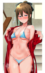 Rule 34 | 1girl, :t, aqua outline, bikini, bikini under clothes, black bow, blue bikini, blue eyes, blush, border, bow, breasts, brown hair, cameltoe, closed mouth, coat, collarbone, commentary request, cowboy shot, embarrassed, groin, hair between eyes, hair bow, half-closed eyes, halterneck, hands up, high ponytail, highres, indoors, long hair, long sleeves, looking at viewer, love live!, love live! nijigasaki high school idol club, medium breasts, micro bikini, navel, nose blush, off shoulder, open clothes, open coat, osaka shizuku, outline, outside border, ponytail, pout, red coat, shiro (nitto), sidelocks, single bare shoulder, solo, stairs, stairwell, standing, steaming body, stomach, string bikini, striped, striped bow, sweat, swimsuit, thigh gap, translation request, underboob, undressing, white border