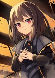 1girl ashiroku_(miracle_hinacle) brown_hair closed_mouth fence hair_between_eyes hair_ornament highres jacket looking_at_viewer marfusha medium_hair own_hands_together red_eyes sky smile snezhinka:_sentinel_girls_2 snezhinka_(marfusha) solo