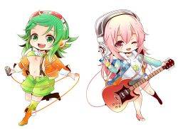 Rule 34 | 2girls, blush, breasts, chibi, crossover, electric guitar, female focus, full body, goggles, goggles on head, green eyes, green hair, guitar, gumi, hair ornament, headphones, high heels, highres, instrument, long hair, looking at viewer, gumi (v3 megpoid), microphone, multiple girls, navel, nijita18, nitroplus, open mouth, pink eyes, pink hair, plectrum, short hair, skirt, smile, super sonico, underboob, vocaloid, white background