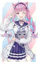 Rule 34 | 1girl, :d, ahoge, anchor symbol, animal ear fluff, animal ears, bad id, bad twitter id, blunt bangs, blush, bow, braid, cat, cat ears, cat tail, collarbone, cowboy shot, fang, frills, hairband, hand up, highres, hololive, jacket, long hair, long sleeves, looking at viewer, minato aqua, minato aqua (sailor), neck ribbon, neko (minato aqua), one eye closed, open clothes, open jacket, open mouth, pleated skirt, ribbon, sailor collar, skin fang, skirt, smile, solo, standing, surrender (surren2019), tail, tail bow, tail ornament, thighs, twintails, v, virtual youtuber