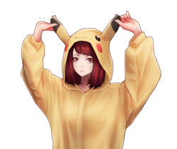 Rule 34 | 1girl, arms up, artist name, asian, breasts, closed mouth, commentary, cosplay, creatures (company), english commentary, eyelashes, game freak, gen 1 pokemon, hood, hood up, kigurumi, long sleeves, looking at viewer, medium hair, momotsuki nashiko, nintendo, nose, nostrils, ony saputra, pikachu, pikachu (cosplay), pokemon, puffy long sleeves, puffy sleeves, real life, red eyes, red hair, simple background, solo, upper body, white background