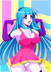 Rule 34 | 1girl, absurdres, blue hair, blush, breasts, cleavage, dress, elbow gloves, gloves, highres, long hair, me!me!me!, meme (me!me!me!), panties, purple eyes, short dress, striped background, striped clothes, striped panties, thighhighs, underwear, very long hair
