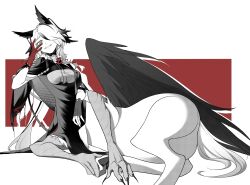Rule 34 | 1girl, animal ears, arknights, asymmetrical gloves, bird ears, black dress, black gloves, black hair, breasts, centauroid, chinese commentary, commentary request, dress, feathered wings, fingerless gloves, gloves, grey eyes, griffin, hair between eyes, hair over one eye, hand up, hooves, horse tail, jewelry, koshelna (arknights), long hair, looking at viewer, lying, medium breasts, mismatched gloves, monster girl, monsterification, multicolored hair, multiple rings, on side, parted lips, red gloves, ring, single fingerless glove, smile, solo, streaked hair, tail, talons, taur, wings, yi zhi qiu qiu qiu