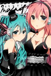 Rule 34 | 2girls, age difference, aqua eyes, aqua hair, blue eyes, breasts, butterfly hair ornament, butterfly wings, cleavage, dress, hair ornament, hatsune miku, headphones, highres, insect wings, long hair, magnet (vocaloid), medium breasts, megurine luka, multiple girls, pink hair, small breasts, smile, twintails, vocaloid, wings, yuri, yuu (ckd27)