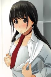 Rule 34 | 1girl, black hair, blush, breasts, brown eyes, camisole, closed mouth, collarbone, collared shirt, commentary request, fingernails, hair between eyes, highres, long hair, long sleeves, low twintails, matsunaga kouyou, necktie, nose blush, open clothes, open shirt, original, red necktie, shirt, small breasts, solo, twintails, upper body, white camisole, white shirt