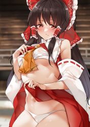 Rule 34 | 1girl, absurdres, ascot, bandages, bare shoulders, black hair, bleachers, blurry, blurry background, blush, bow, breasts, clothes lift, commentary request, covered erect nipples, cowboy shot, detached sleeves, frilled bow, frilled shirt collar, frills, hair bow, hair tubes, hakurei reimu, highres, indoors, ken (coffee michikusa), lifting own clothes, long hair, long sleeves, looking at viewer, navel, panties, railing, red bow, red eyes, red skirt, ribbon-trimmed sleeves, ribbon trim, sarashi, sidelocks, skirt, skirt lift, small breasts, solo, stomach, touhou, underwear, very long hair, white panties, wide sleeves, yellow ascot