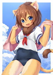 Rule 34 | 1girl, animal ears, blue eyes, furry, furry female, kagerofu, looking at viewer, open mouth, school uniform, solo, swimsuit, tail