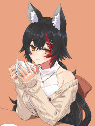 Rule 34 | 1girl, animal ear fluff, animal ears, bare shoulders, black hair, black skirt, blush, brown sweater, cup, hair ornament, hairpin, halterneck, hayama kazusa, highres, holding, holding cup, hololive, jewelry, long hair, long sleeves, looking at viewer, multicolored hair, necklace, official alternate costume, ookami mio, ookami mio (street), red hair, shirt, simple background, skirt, sleeveless, sleeveless shirt, smile, solo, streaked hair, sweater, unbuttoned, upper body, virtual youtuber, white shirt, wolf ears, wolf girl, yellow eyes