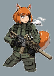 Rule 34 | 1girl, absurdres, ammunition pouch, animal ears, ar-15, assault rifle, bangdog, black gloves, breath, cowboy shot, eyeshadow, foregrip, gloves, green jacket, green pants, gun, highres, holding, holding gun, holding weapon, hood, hood down, jacket, load bearing vest, long sleeves, looking to the side, magazine (weapon), makeup, medium bangs, medium hair, military, military jacket, open mouth, optical sight, orange eyes, orange hair, original, pants, patch, pink eyeshadow, pouch, rifle, signature, simple background, solo, standing, suppressor, tactical clothes, tail, tail raised, trigger discipline, two-tone fur, vertical foregrip, weapon, zipper