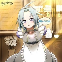 Rule 34 | 100 percent orange juice, ahoge, apron, blue hair, blush, breasts, character request, copyright request, cup, dress, english text, flower, forehead, frilled apron, frilled dress, frills, grey dress, grey eyes, happy, highres, large breasts, lying, maid, maid apron, maid headdress, nath (orange juice), no arms, open mouth, parted bangs, pop pu chan, short hair, speech bubble, suguri, teapot, waist apron, white apron