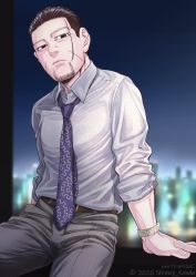 Rule 34 | 1boy, alternate costume, black eyes, black hair, collared shirt, decoy00xx, expressionless, facial hair, facial scar, formal, goatee, golden kamuy, grey pants, hair slicked back, hair strand, head tilt, long sleeves, male focus, necktie, ogata hyakunosuke, pants, purple necktie, scar, scar on cheek, scar on face, shirt, short hair, sitting, sleeves rolled up, solo, striped clothes, striped pants, stubble, undercut, watch, white shirt