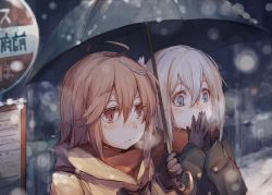 Rule 34 | 10s, 2girls, ahoge, alternate costume, amoranorem, blonde hair, breath, breathing on hands, brown eyes, brown hair, bus stop, coat, cold, commentary request, gloves, grey eyes, hair between eyes, hair ornament, holding, holding umbrella, i-58 (kancolle), kantai collection, kashii (amoranorem), multiple girls, outdoors, own hands together, scarf, short hair, steepled fingers, u-511 (kancolle), umbrella