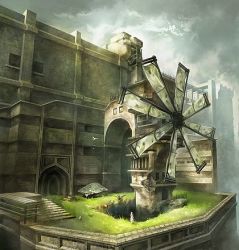 Rule 34 | 1boy, 1girl, architecture, artist request, cloud, grass, ico, ico (character), jpeg artifacts, lowres, outdoors, scenery, sky, stairs, windmill, yorda