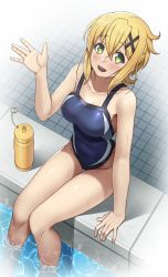 Rule 34 | 1girl, akatsuki kirika, blonde hair, blue one-piece swimsuit, blush, bottle, breasts, competition school swimsuit, competition swimsuit, green eyes, hair between eyes, hair ornament, legs together, looking at viewer, looking up, lydian academy swimsuit, medium breasts, one-piece swimsuit, pool, poolside, school swimsuit, senki zesshou symphogear, shiny clothes, shiny skin, short hair, sitting, smile, solo, swimsuit, tsukamoto kensuke, water, water bottle, waving, x hair ornament