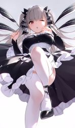 Rule 34 | 1girl, azur lane, breasts, commentary request, formidable (azur lane), grey background, grey hair, high heels, highres, long hair, long sleeves, maid, medium breasts, one eye closed, red eyes, simple background, solo, thighhighs, to gemichi, twintails