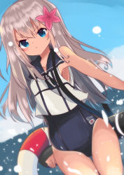 Rule 34 | 10s, 1girl, absurdres, blue eyes, crop top, flower, hair flower, hair ornament, hibiscus, highres, kantai collection, lifebuoy, long hair, one-piece swimsuit, one-piece tan, pout, ro-500 (kancolle), sailor collar, school swimsuit, silver hair, swim ring, swimsuit, swimsuit under clothes, tan, tanline, te toga, torpedo