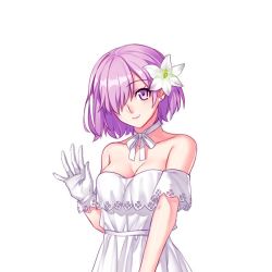 Rule 34 | 1girl, arm strap, bare shoulders, breasts, c:, choker, cleavage, closed mouth, collarbone, dress, earrings, fate/grand order, fate (series), female focus, flower, gloves, hair flower, hair ornament, hair over one eye, hand up, jewelry, light purple hair, looking at viewer, mash kyrielight, mash kyrielight (formal dress), matching hair/eyes, medium breasts, official alternate costume, purple eyes, ribbon, ribbon choker, short hair, simple background, smile, solo, strapless, strapless dress, type-moon, upper body, waving, white background, white choker, white dress, white flower, white gloves, white ribbon, yaoshi jun