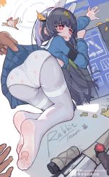 Rule 34 | 1girl, 1other, absurdres, all fours, anger vein, animal ears, ass, bird, black hair, blue archive, blue shirt, blue skirt, blush, fake animal ears, feet, from behind, gun, highres, leaf, leaf on head, legs, liwendala, long hair, miyu (blue archive), no shoes, open mouth, outstretched arm, panties, panties under pantyhose, pantyhose, print panties, rabbit ears, recycle bin, red eyes, rifle, school uniform, serafuku, shirt, skirt, soles, thighband pantyhose, thighs, trash can, underwear, weapon, white panties, white pantyhose