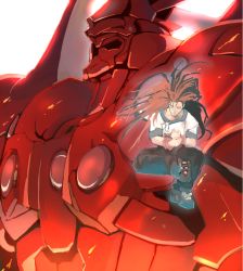 Rule 34 | 1boy, bad id, bad pixiv id, balancing, fei fong wong, glowing, id, id (xenogears), long hair, male focus, mecha, meditation, one eye closed, red hair, red theme, robot, samidare (hoshi), simple background, solo, spoilers, weltall-id, white background, wink, xenogears
