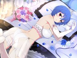 Rule 34 | 1girl, amane (senran kagura), arm ribbon, ass, bed, bed sheet, blue flower, blue hair, blue rose, blush, bouquet, bra, breasts, bridal legwear, bridal lingerie, bride, butt crack, candle, chinese knot, come hither, elbow gloves, feet, fire, fire, floral print, flower, frilled bra, frilled gloves, frilled pillow, frills, garter straps, gloves, headpiece, highres, indoors, lace trim, large breasts, leaf, lens flare, light particles, lingerie, looking at viewer, lying, median furrow, nightstand, official alternate costume, official art, on bed, on stomach, panties, petals, pillow, pink flower, pink ribbon, pink rose, purple flower, purple rose, red eyes, red flower, red rose, ribbon, rose, rose petals, senran kagura, senran kagura new link, shiny skin, short hair, shoulder blades, sideboob, skindentation, smile, solo, sparkle, thigh strap, thighhighs, tiara, underwear, white bra, white flower, white garter straps, white gloves, white panties, white rose, white thighhighs, yaegashi nan