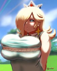Rule 34 | 1girl, arms behind back, artist name, awesomeerix, bare shoulders, blonde hair, blue eyes, blue shirt, blue sky, breasts, breasts squeezed together, bright pupils, bursting breasts, bust measuring, collared shirt, crown, earrings, eyelashes, hair over one eye, highres, jewelry, large breasts, lips, mario (series), mario golf, mario golf: super rush, measuring, medium hair, nintendo, outdoors, parted lips, rosalina, shirt, sky, sleeveless, sleeveless shirt, solo, star (symbol), star earrings, tape measure, taut clothes, taut shirt, tree, upper body, white pupils