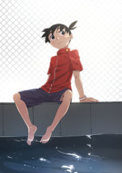 Rule 34 | 1boy, absurdres, barefoot, black hair, blue eyes, blue shorts, chain-link fence, feet, fence, full body, glimo, highres, looking up, male focus, medarot, outdoors, pool, poolside, red shirt, shirt, short ponytail, shorts, smile, solo, tenryou ikki, watch, wristwatch