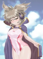 Rule 34 | 1girl, blue background, blue sky, brown eyes, brown hair, cape, cloud, competition swimsuit, cowboy shot, earmuffs, grey cape, one-piece swimsuit, pointy hair, sky, solo, standing, swimsuit, touhou, toyosatomimi no miko, white one-piece swimsuit, winn