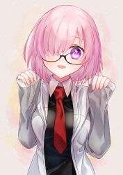 Rule 34 | 1girl, absurdres, black-framed eyewear, black dress, blush, collared dress, commentary request, dress, fate/grand order, fate (series), glasses, grey jacket, hair over one eye, harukappa, highres, hood, hood down, hooded jacket, jacket, light purple hair, long sleeves, looking at viewer, mash kyrielight, multicolored clothes, multicolored jacket, necktie, one eye covered, open clothes, open jacket, open mouth, purple eyes, red necktie, short hair, sleeves past wrists, smile, solo, twitter username, two-tone jacket, white jacket