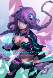 Rule 34 | 10s, 1girl, ahoge, artist name, black thighhighs, blue eyes, braid, breasts, cleavage, cleavage cutout, clothing cutout, copyright name, dated, emblem, floating, floating hair, floating object, from side, gloves, glowing, gradient background, hair ornament, large breasts, leaning forward, leotard, lips, long hair, looking at viewer, lucidsky, magical girl, neon trim, neptune (neptunia), neptune (series), parted lips, power symbol, power symbol-shaped pupils, purple hair, purple heart (neptunia), ramen (aquare9ia), shards, sidelocks, smile, solo, symbol-shaped pupils, thighhighs, thighs, turtleneck, twin braids, very long hair, wings