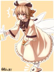 Rule 34 | 1girl, ^^^, alcohol, beer, beer mug, black bow, black bowtie, black ribbon, blush, bow, bowtie, brown hair, cup, dress, drill hair, fairy wings, food, frilled sleeves, frills, hat, hat ribbon, long sleeves, luna child, meatball, mob cap, mug, open mouth, pokio, ribbon, short hair, slippers, solo, sweat, touhou, tripping, twitter username, white dress, wide sleeves, wings, yellow eyes