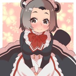 Rule 34 | alternate costume, american beaver (kemono friends), animal ears, apron, beaver ears, beaver tail, black dress, blush, bow, bowtie, brown eyes, brown hair, commentary request, dress, enmaided, frilled apron, frilled shirt collar, frills, grey hair, hair ornament, hairclip, hands on lap, high collar, kemono friends, kemono friends 3, long sleeves, looking at viewer, maid, maid apron, maid headdress, majikaru pokonyan, multicolored hair, red bow, red bowtie, short hair, smile, tail, two-tone hair