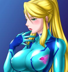 Rule 34 | 1girl, blonde hair, bodysuit, breasts, covered erect nipples, finger to mouth, green eyes, hyoukai, large breasts, lips, long hair, metroid, nintendo, ponytail, samus aran, skin tight, solo, zero suit