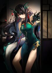 Rule 34 | 1girl, arknights, black hair, china dress, chinese clothes, dragon girl, dragon horns, dragon tail, dress, dusk (arknights), dusk (everything is a miracle) (arknights), earrings, fiery tail, gradient skin, green dress, green horns, highres, horns, jewelry, long hair, multicolored hair, pointy ears, red eyes, shengyuan 03, sleeveless, sleeveless dress, solo, streaked hair, tail, tassel, tassel earrings