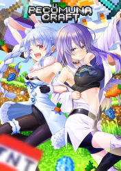 Rule 34 | 2girls, animal ear fluff, animal ears, armpit crease, armpits, bare shoulders, belt, bike shorts, black gloves, black leotard, black thighhighs, blurry, blurry foreground, blush, boots, braid, breasts, bridal garter, carrot, carrot (minecraft), carrot hair ornament, choker, cleavage, coat, commentary, commentary request, crop top, depth of field, don-chan (usada pekora), dress, embarrassed, explosive, fake animal ears, flower, fold-over boots, food-themed hair ornament, frown, fur-trimmed gloves, fur scarf, fur trim, gloves, gradient eyes, hair between eyes, hair ornament, highres, hololive, hololive fantasy, hololive indonesia, jacket, knee boots, kose takashi, lapis lazuli (minecraft), large breasts, leotard, long hair, looking at viewer, medium breasts, midriff, minecraft, minecraft pickaxe, minecraft sword, moona hoshinova, multicolored eyes, multicolored hair, multiple girls, navel, nether portal, one eye closed, open mouth, pantyhose, pekodam, playboy bunny, purple eyes, purple hair, rabbit ears, rabbit girl, red eyes, short eyebrows, shorts, sky, smile, standing, strapless, strapless leotard, striped, symbol-only commentary, symbol in eye, thick eyebrows, thighhighs, tnt, tnt block (minecraft), twin braids, two-tone hair, usada pekora, usada pekora (1st costume), virtual youtuber, white coat, white hair, yellow eyes
