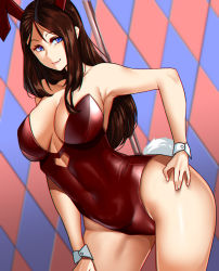 Rule 34 | 1girl, absurdres, alternate costume, animal ears, argyle, argyle background, argyle clothes, bare shoulders, blue eyes, breasts, brown hair, cleavage, closed mouth, covered navel, fake animal ears, fate/grand order, fate (series), forehead, hair between eyes, hand on own hip, highleg, highleg leotard, highres, hip focus, kisaragi tsurugi, large breasts, leonardo da vinci (fate), leotard, long hair, looking at viewer, parted bangs, playboy bunny, pole, rabbit ears, rabbit tail, red leotard, smile, solo, stripper pole, tail, thighs, wrist cuffs
