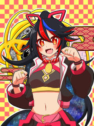 Rule 34 | 1girl, black hair, blue hair, breasts, cleavage, commentary request, cropped jacket, hair ribbon, hanjo tv, highres, jacket, kimino miya, long hair, looking at viewer, midriff, mitokon, multicolored hair, navel, open clothes, open jacket, ponytail, red hair, ribbon, skirt, solo, virtual youtuber