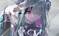 Rule 34 | 1girl, animal print, bare shoulders, brooch, butterfly print, closed mouth, colored inner hair, detached sleeves, double bun, earrings, fenrir (fenlil0316), fingernails, glaring, green hair, hair bun, hair ornament, hair ribbon, highres, hololive, jewelry, looking at viewer, multicolored hair, pink hair, red eyes, ribbon, scowl, short hair, skull earrings, skull hair ornament, solo, two-tone hair, uruha rushia, uruha rushia (1st costume), virtual youtuber, wide sleeves