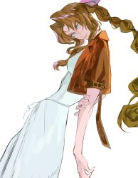 Rule 34 | 1girl, aerith gainsborough, arm behind back, bow, brown hair, commentary, cropped jacket, cropped legs, dress, facing to the side, final fantasy, final fantasy vii, final fantasy vii remake, green eyes, hair ribbon, hand on own arm, highres, jacket, light smile, long dress, long hair, looking at viewer, open clothes, open jacket, parted bangs, pink ribbon, ponytail, red jacket, ribbon, short sleeves, sidelocks, simple background, smile, upper body, wavy hair, white background, white dress, white ribbon, xscr1205