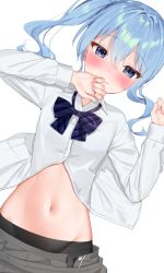 Rule 34 | 1girl, bike shorts, blue bow, blue bowtie, blue eyes, blue hair, blush, bow, bowtie, clothes lift, collared shirt, commentary request, grey skirt, hair between eyes, hololive, hoshimachi suisei, k mugura, long hair, long sleeves, looking at viewer, lying, midriff, navel, on back, school uniform, shirt, side ponytail, simple background, skirt, skirt lift, solo, star (symbol), star in eye, striped bow, striped bowtie, striped clothes, symbol in eye, unbuttoned, unbuttoned shirt, upper body, virtual youtuber, white background, white shirt