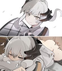 Rule 34 | 2girls, arknights, black horns, blush, brown eyes, closed mouth, face in pillow, grey hair, grey jacket, hair between eyes, horns, instant loss, jacket, long hair, long sleeves, looking at viewer, lying, multiple girls, nawakena, on stomach, pillow, prone bone, saria (arknights), sex, sex from behind