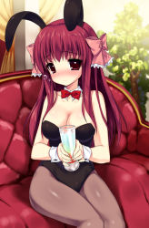Rule 34 | 1girl, amane (dream c club), animal costume, animal ears, bad id, bad pixiv id, bare shoulders, blush, bow, breasts, bubble, collarbone, couch, dream c club, dream c club (series), emily (pure dream), fake animal ears, glass, hair bow, large breasts, long hair, looking at viewer, pantyhose, plant, playboy bunny, rabbit ears, red upholstery, sitting, smile, tamsoft, wrist cuffs