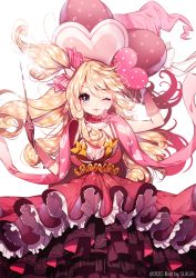 Rule 34 | 1girl, bad id, bad pixiv id, blonde hair, dress, frilled dress, frills, heart, layered dress, long hair, looking at viewer, one eye closed, one side up, original, simple background, smile, solo, sukja, wand, white background