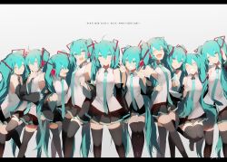 Rule 34 | 6+girls, ^ ^, anniversary, aqua eyes, aqua hair, bare arms, black legwear, blush, character name, closed eyes, detached sleeves, closed eyes, hatsune miku, highres, jumping, letterboxed, long hair, miniskirt, multiple girls, multiple persona, necktie, one eye closed, saihate (d3), skirt, smile, standing, standing on one leg, thighhighs, twintails, very long hair, vocaloid, white background, zettai ryouiki
