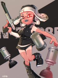 Rule 34 | 1girl, artist name, black footwear, black shirt, black shorts, blunt bangs, blurry, blurry foreground, boots, burst bomb (splatoon), commentary, detached sleeves, dolphin shorts, english commentary, english text, full body, grey hair, gym shorts, headphones, highres, holding, holding weapon, inaba shounosuke, ink tank (splatoon), inkling, inkling girl, inkling player character, logo, looking at viewer, n-zap (splatoon), nintendo, open mouth, red eyes, shirt, short hair, short shorts, shorts, signature, sleeveless, sleeveless shirt, smile, solo, sparkle, sparkling eyes, splatoon (series), splatoon 2, standing, standing on one leg, tan, tanline, tentacle hair, weapon