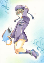 Rule 34 | 10s, 1girl, blue eyes, bottomless, buttons, clothes writing, gun, hand on headwear, hand on own head, hat, hodo (fujitaka), holding, holding gun, holding weapon, kantai collection, long sleeves, looking away, military, military uniform, neckerchief, painting (medium), sailor hat, short hair, silver hair, solo, traditional media, uniform, watercolor (medium), weapon, z1 leberecht maass (kancolle)