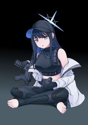 Rule 34 | 1girl, absurdres, bare shoulders, baseball cap, black background, black gloves, black hat, black pants, blue archive, blue eyes, blue hair, blunt bangs, breasts, c1 comb3r, commentary, crop top, gloves, gradient background, gun, hat, highres, indian style, jacket, large breasts, leggings, long hair, long sleeves, looking at viewer, midriff, off shoulder, open clothes, open jacket, pants, parted lips, rifle, saori (blue archive), sitting, solo, weapon, white jacket